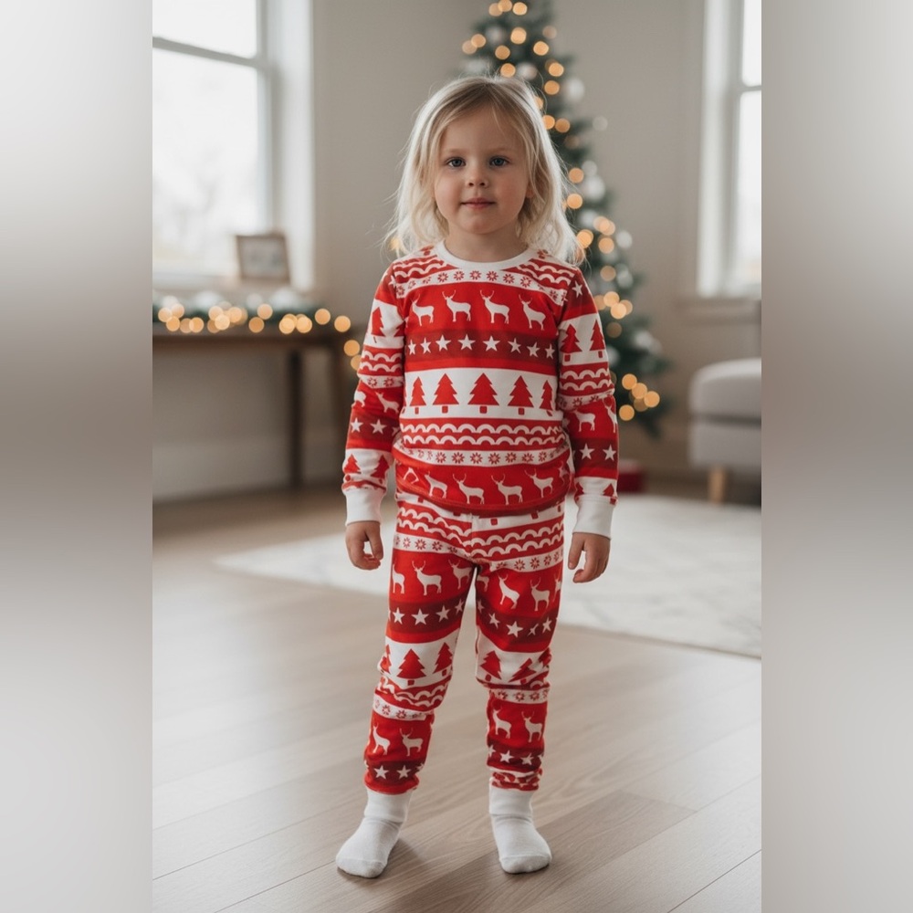 Girls Red & White Holiday Pajama Set 5–6Y Two Piece Christmas Sleepwear